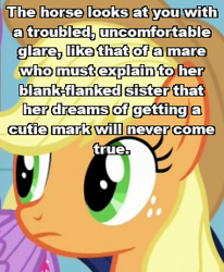 Size: 237x288 | Tagged: safe, edit, edited screencap, screencap, character:applejack, character:twilight sparkle, character:twilight sparkle (alicorn), species:alicorn, species:earth pony, species:pony, /tg/, 4chan, blank expression, caption, cropped, episode needed, female, freckles, image macro, implied apple bloom, implied cutie mark crusaders, mare, picture for breezies, prequel (webcomic), solo focus, text