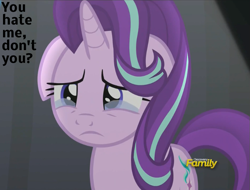 Size: 745x565 | Tagged: safe, edit, edited screencap, screencap, character:starlight glimmer, species:pony, species:unicorn, episode:no second prances, g4, my little pony: friendship is magic, bronybait, caption, crying, discovery family logo, female, floppy ears, frown, sad, sadlight glimmer, solo, teary eyes