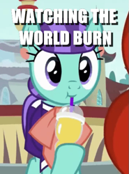 Size: 405x547 | Tagged: safe, edit, edited screencap, screencap, character:mixed berry, species:pony, episode:the parent map, g4, :t, caption, clothing, cropped, cute, drink, drinking, hoof hold, image macro, meme, smiling, solo focus, straw, text