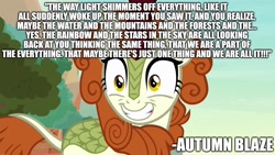 Size: 1920x1080 | Tagged: safe, edit, edited screencap, screencap, character:autumn blaze, species:kirin, episode:sounds of silence, g4, my little pony: friendship is magic, caption, excessive exclamation marks, female, grin, image macro, quote, smiling, solo, text, tl;dr
