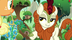 Size: 1920x1080 | Tagged: safe, edit, edited screencap, screencap, character:applejack, character:autumn blaze, species:earth pony, species:kirin, species:pony, episode:sounds of silence, g4, my little pony: friendship is magic, cloven hooves, colored hooves, female, flower, foal's breath, house, lidded eyes, lip bite, mouth hold, tree