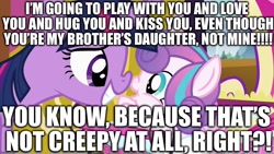 Size: 1280x720 | Tagged: safe, edit, edited screencap, screencap, character:princess flurry heart, character:twilight sparkle, character:twilight sparkle (alicorn), species:alicorn, species:pony, episode:a flurry of emotions, g4, my little pony: friendship is magic, caption, excessive exclamation marks, image macro, op is wrong, smiling, text