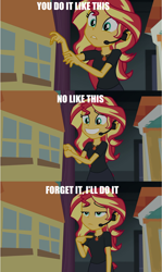 Size: 1623x2731 | Tagged: safe, edit, edited screencap, screencap, character:sunset shimmer, episode:opening night, g4, my little pony: equestria girls, my little pony:equestria girls, caption, curtain, geode of empathy, headset, image macro, impact font, magical geodes, opening night: twilight sparkle, pointing, pointing at self, step by step, text