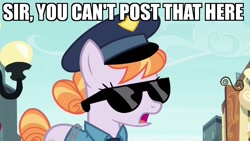 Size: 1280x720 | Tagged: safe, edit, edited screencap, screencap, character:copper top, species:earth pony, species:pony, episode:the gift of the maud pie, g4, my little pony: friendship is magic, caption, female, image macro, impact font, mare, meme, police, police officer, reaction image, solo, sunglasses, text