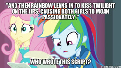 Size: 600x337 | Tagged: safe, edit, edited screencap, screencap, character:fluttershy, character:rainbow dash, episode:stressed in show, g4, my little pony: equestria girls, my little pony:equestria girls, caption, geode of fauna, geode of super speed, image macro, magical geodes, meme, memeful.com, text