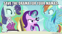 Size: 600x337 | Tagged: safe, edit, edited screencap, screencap, character:rainbow dash, character:rarity, character:starlight glimmer, species:pony, episode:the end in friend, g4, my little pony: friendship is magic, caption, image macro, meme, text