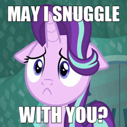 Size: 600x600 | Tagged: safe, edit, edited screencap, screencap, character:starlight glimmer, species:pony, species:unicorn, episode:the crystalling, g4, my little pony: friendship is magic, :<, bronybait, caption, cute, faec, female, floppy ears, frown, glimmerbetes, image macro, mare, meme, sad, sadface glimmer, sadlight glimmer, sadorable, snuggles?, solo, text