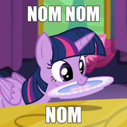 Size: 600x600 | Tagged: safe, edit, edited screencap, screencap, character:twilight sparkle, character:twilight sparkle (alicorn), species:alicorn, species:pony, episode:no second prances, g4, my little pony: friendship is magic, caption, chewing, cute, eating, female, image macro, mare, meme, mouth hold, nibbling, nom, plate, proper silverware placement, solo, table, text, twiabetes