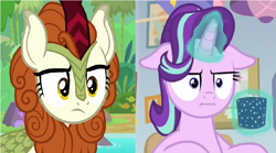 Size: 920x510 | Tagged: safe, edit, edited screencap, screencap, character:autumn blaze, character:starlight glimmer, species:kirin, episode:marks for effort, episode:sounds of silence, g4, my little pony: friendship is magic, comparison, empathy cocoa, glowing horn, i mean i see