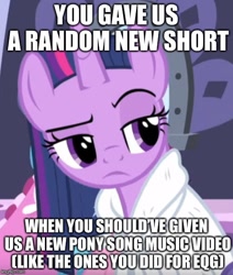 Size: 503x594 | Tagged: safe, edit, edited screencap, screencap, character:twilight sparkle, character:twilight sparkle (alicorn), species:alicorn, species:pony, episode:rarity's biggest fan, spoiler:interseason shorts, caption, entitlement, image macro, meme, op is a duck, op is trying to start shit, op is trying to start shit so badly that it's kinda funny, op isn't even trying anymore, text, unimpressed