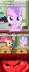 Size: 514x1268 | Tagged: safe, edit, edited screencap, screencap, character:apple bloom, character:diamond tiara, character:truffle shuffle, episode:family appreciation day, g4, my little pony: friendship is magic, comic, evil grin, grin, meme, screencap comic, slavery, smiling, text