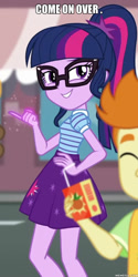 Size: 600x1197 | Tagged: safe, edit, edited screencap, screencap, character:twilight sparkle, character:twilight sparkle (scitwi), species:eqg human, episode:street magic with trixie, g4, my little pony: equestria girls, my little pony:equestria girls, spoiler:eqg series (season 2), caption, cropped, glasses, image macro, meme, ponytail, text