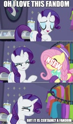 Size: 500x843 | Tagged: safe, edit, edited screencap, screencap, character:fluttershy, character:rarity, species:pony, episode:fake it 'til you make it, alternate hairstyle, caption, comic, duo, hipstershy, image macro, it is definitely a fandom meme, meme, screencap comic, text
