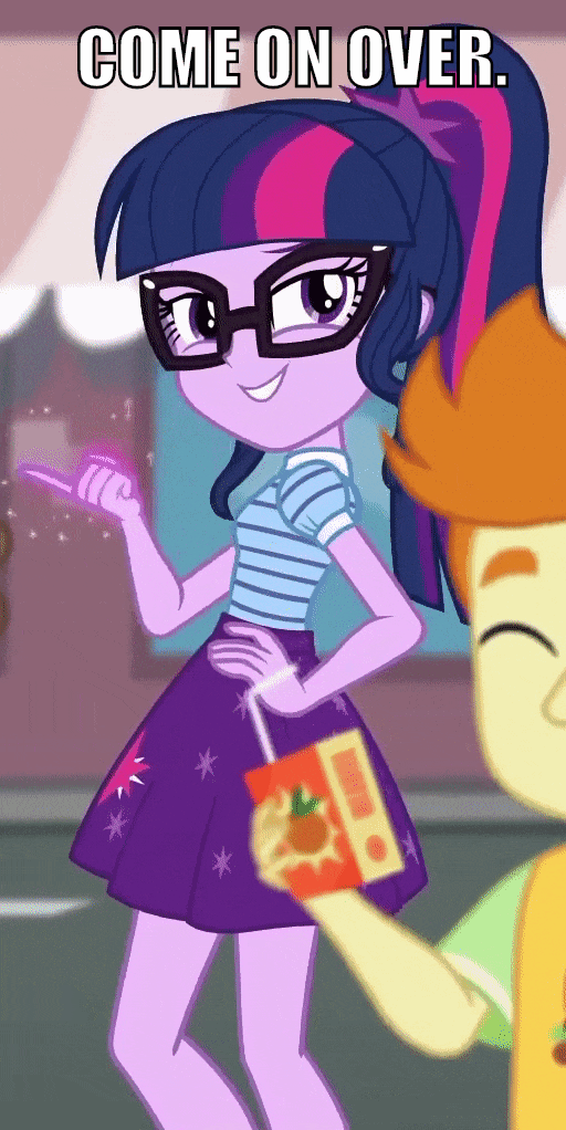 Size: 512x1022 | Tagged: safe, edit, edited screencap, screencap, character:twilight sparkle, character:twilight sparkle (scitwi), species:eqg human, episode:street magic with trixie, g4, my little pony: equestria girls, my little pony:equestria girls, spoiler:eqg series (season 2), animated, background human, caption, cropped, eyes closed, gif, gif with captions, glasses, grin, image macro, impact font, juice, juice box, lidded eyes, loop, magic, meme, ponytail, smiling, smirk, smug, smuglight sparkle, solo focus, text
