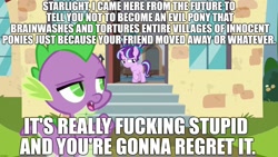 Size: 1920x1080 | Tagged: safe, edit, edited screencap, screencap, character:spike, character:starlight glimmer, episode:the crystalling, g4, my little pony: friendship is magic, caption, drama, female, filly, filly starlight glimmer, image macro, meme, pigtails, shitposting, sire's hollow, starlight drama, text, time travel, vulgar, younger
