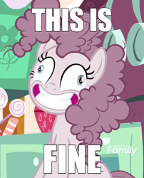 Size: 600x742 | Tagged: safe, edit, edited screencap, screencap, character:pinkamena diane pie, character:pinkie pie, species:pony, episode:yakity-sax, g4, my little pony: friendship is magic, blatant lies, caption, contemplating insanity, cropped, derp, discovery family logo, faec, female, grin, image macro, meme, smiling, solo, text, this is fine