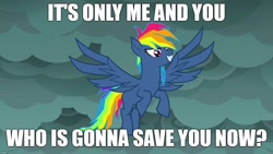 Size: 1280x720 | Tagged: safe, edit, edited screencap, screencap, character:evil pie hater dash, character:rainbow dash, species:pegasus, species:pony, episode:secrets and pies, g4, my little pony: friendship is magic, caption, crossover, female, hooves, image macro, infinite (character), mare, meme, raised hoof, raised leg, solo, song reference, sonic forces, sonic the hedgehog (series), text