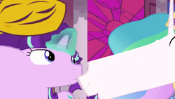 Size: 1920x1080 | Tagged: safe, edit, edited screencap, screencap, character:princess celestia, character:starlight glimmer, species:pony, episode:a royal problem, g4, my little pony: friendship is magic, are you frustrated?, content-aware scale, distortion, meme, not salmon, shitposting, wat