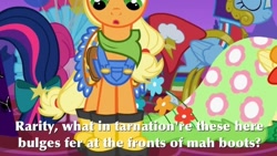 Size: 698x393 | Tagged: safe, edit, edited screencap, screencap, character:applejack, episode:suited for success, g4, my little pony: friendship is magic, boots, clothing, dress, galoshes, image macro, overalls, rain boots, shoes, solo focus