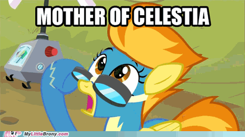 Size: 500x281 | Tagged: safe, edit, edited screencap, screencap, character:spitfire, species:pony, episode:hurricane fluttershy, g4, my little pony: friendship is magic, animated, caption, clothing, female, gif, gif with captions, goggles, image macro, meme, mother of celestia, mother of god, solo, text, uniform, watermark, wonderbolts uniform