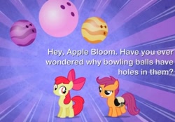 Size: 546x379 | Tagged: safe, edit, edited screencap, screencap, character:apple bloom, character:scootaloo, species:earth pony, species:pegasus, species:pony, episode:the cutie pox, g4, my little pony: friendship is magic, bag, bowling ball, duo, female, filly, foal, image macro, purple background, simple background, sunburst background