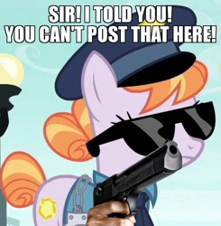 Size: 922x940 | Tagged: safe, edit, edited screencap, screencap, character:copper top, species:earth pony, species:pony, episode:the gift of the maud pie, g4, my little pony: friendship is magic, annoyed, arrest, caption, delet this, desert eagle, handgun, image macro, impact font, meme, police, reaction image, solo, suddenly hands, sunglasses, text, warning, weapon