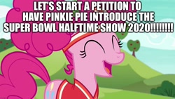 Size: 1280x720 | Tagged: safe, edit, edited screencap, screencap, character:pinkie pie, species:pony, episode:buckball season, g4, my little pony: friendship is magic, american football, caption, excessive exclamation marks, image macro, meme, petition, pinktails pie, super bowl, text
