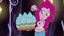 Size: 1280x720 | Tagged: safe, edit, edited screencap, screencap, character:pinkie pie, species:human, equestria girls:legend of everfree, g4, my little pony: equestria girls, my little pony:equestria girls, belly, belly button, chubbie pie, chubby, cupcake, cute, diapinkes, fat, fat edit, female, food, frosting, junk food, muffin top, plump, pudgy pie, solo, tongue out