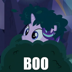 Size: 600x600 | Tagged: safe, edit, edited screencap, screencap, character:starlight glimmer, species:pony, species:unicorn, episode:to where and back again, g4, my little pony: friendship is magic, boo, bush, bushanka, bushicorn, caption, cropped, cute, female, glimmerbetes, hiding, image macro, jumpscare, mare, night, solo, text