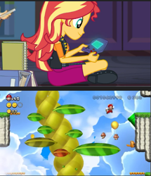 Size: 473x551 | Tagged: safe, edit, screencap, character:applejack, character:sunset shimmer, episode:the finals countdown, g4, my little pony: equestria girls, my little pony:equestria girls, gamer sunset, mario, new super mario bros., new super mario bros. u deluxe, nintendo, nintendo switch, super mario bros.