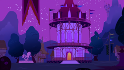 Size: 3200x1800 | Tagged: safe, edit, edited screencap, screencap, episode:friendship is magic, g4, my little pony: friendship is magic, background, clear with periodic sky, night, no pony, ponyville town hall, scenery, town, town hall, upscaled
