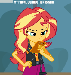 Size: 1014x1076 | Tagged: safe, edit, edited screencap, screencap, character:sunset shimmer, episode:driving miss shimmer, g4, my little pony: equestria girls, my little pony:equestria girls, caption, cellphone, cropped, driving miss shimmer: rarity, female, frown, image macro, meme, phone, smartphone, solo, text, vulgar