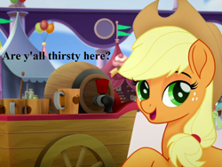 Size: 1024x768 | Tagged: safe, edit, edited screencap, screencap, character:applejack, my little pony: the movie (2017), apple cider (drink), applejack's hat, balloon, bronybait, clothing, cowboy hat, cropped, cute, dialogue, hat, jackabetes, wagon