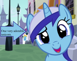 Size: 900x720 | Tagged: safe, edit, edited screencap, screencap, character:minuette, episode:amending fences, g4, my little pony: friendship is magic, arrow, canterlot, captain obvious, cropped, cute, happy, minubetes, streetlight, text