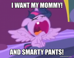 Size: 800x629 | Tagged: safe, edit, edited screencap, screencap, character:smarty pants, character:twilight sparkle, character:twilight sparkle (alicorn), species:alicorn, species:pony, episode:ail-icorn, spoiler:interseason shorts, age regression, baby, baby pony, babylight sparkle, bed, bedroom, blank flank, blanket, caption, cropped, crying, exclamation point, exploitable meme, eyes closed, female, filly, floppy ears, horn, image macro, indoors, mare, meme, memegenerator, open mouth, pillow, sad, sitting, solo, spread wings, symbol, tantrum, text, text edit, tooth, translation, twilight's castle, wall of tags, wings, younger