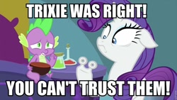 Size: 960x540 | Tagged: safe, edit, edited screencap, screencap, character:rarity, character:spike, species:dragon, episode:ail-icorn, spoiler:interseason shorts, bed, caption, image macro, meme, rariskate, roller skates, silly, text, very silly, very very silly, wheels trixie, winged spike