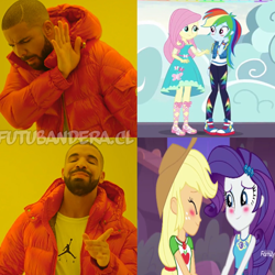 Size: 768x768 | Tagged: safe, edit, edited screencap, screencap, character:applejack, character:fluttershy, character:rainbow dash, character:rarity, ship:flutterdash, ship:rarijack, equestria girls:rollercoaster of friendship, g4, my little pony: equestria girls, my little pony:equestria girls, blushing, converse, discovery family logo, drake, female, geode of fauna, geode of shielding, geode of super speed, geode of super strength, hotline bling, lesbian, magical geodes, male, meme, shipping, shipping denied, shipping fuel, shoes, watermark, wrong aspect ratio