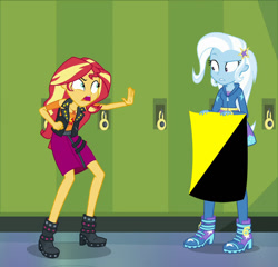 Size: 964x925 | Tagged: safe, edit, edited screencap, screencap, character:sunset shimmer, character:trixie, equestria girls:forgotten friendship, g4, my little pony: equestria girls, my little pony:equestria girls, anarcho-capitalism, cropped, flag, geode of empathy, libertarian, magical geodes, written equestrian