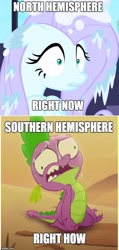Size: 517x1082 | Tagged: safe, edit, edited screencap, screencap, character:fluttershy, character:spike, episode:ail-icorn, my little pony: the movie (2017), caption, cold, fluttercold, frozen, heat, image macro, meme, mother nature, sweat, text