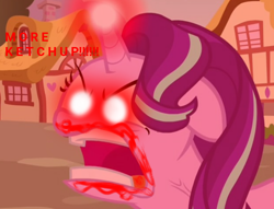Size: 1048x800 | Tagged: safe, edit, edited screencap, screencap, character:starlight glimmer, species:pony, species:unicorn, angry, food, glowing eyes, glowing eyes meme, ketchup, meme, not blood, quiet, sauce, vein bulge, wat