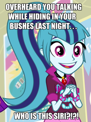 Size: 748x998 | Tagged: safe, edit, edited screencap, screencap, character:sonata dusk, equestria girls:rainbow rocks, g4, my little pony: equestria girls, my little pony:equestria girls, adoracreepy, caption, creepy, cropped, cute, exclamation point, female, gem, image macro, interrobang, meme, overly attached girlfriend, question mark, siren gem, siri, smiling, solo, sonata stalker, sonatabetes, spiked wristband, text, text edit, wristband, yandere