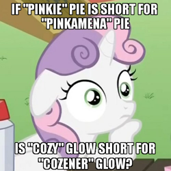 Size: 500x500 | Tagged: safe, edit, edited screencap, screencap, character:cozy glow, character:sweetie belle, species:pegasus, species:pony, episode:ponyville confidential, episode:school raze, g4, my little pony: friendship is magic, caption, exploitable meme, female, filly, image macro, meme, obligatory pony, solo, spoiler, sudden clarity sweetie belle, text