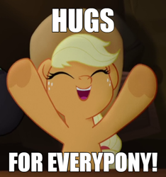 Size: 600x641 | Tagged: safe, edit, edited screencap, screencap, character:applejack, species:earth pony, species:pony, my little pony: the movie (2017), adorable face, bronybait, caption, clothing, cowboy hat, cowgirl, cropped, cute, eyes closed, female, freckles, free hugs, happlejack, happy, hat, hooves up, image macro, jackabetes, mare, smiley face, smiling, solo, text