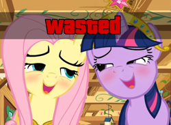 Size: 978x717 | Tagged: safe, edit, edited screencap, screencap, character:fluttershy, character:twilight sparkle, species:pony, episode:magical mystery cure, g4, my little pony: friendship is magic, big crown thingy, blushing, caption, drunk, drunk twilight, drunkershy, element of magic, fluttershy's cottage, grand theft auto, gta v, image macro, jewelry, meme, regalia, text, wasted