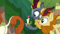 Size: 1280x720 | Tagged: safe, edit, edited screencap, screencap, character:autumn afternoon, character:autumn blaze, character:winter flame, species:kirin, episode:sounds of silence, g4, my little pony: friendship is magic, background kirin, candle, eyes on the prize, female, implied farting, male, open mouth, plot, smiling