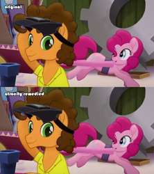 Size: 1186x1336 | Tagged: safe, edit, edited screencap, screencap, character:cheese sandwich, character:pinkie pie, species:pony, my little pony: the movie (2017), dimples, gear, welding mask