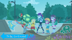 Size: 1407x789 | Tagged: safe, edit, edited screencap, screencap, character:lily longsocks, character:rainbow dash, character:super funk, character:tank, episode:sic skateboard, g4, my little pony: equestria girls, my little pony:equestria girls, spoiler:eqg series (season 2), background human, clothing, converse, gallop j. fry, helmet, jojo's bizarre adventure, little red, shoes, skateboard, sneakers, to be continued, to be continued (meme), written equestrian