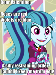 Size: 748x998 | Tagged: safe, edit, edited screencap, screencap, character:sonata dusk, equestria girls:rainbow rocks, g4, my little pony: equestria girls, my little pony:equestria girls, adoracreepy, caption, creepy, cropped, cute, female, gem, holiday, image macro, meme, overly attached girlfriend, poem, restraining order, siren gem, smiling, solo, sonatabetes, spiked wristband, text, text edit, valentine, valentine's day, wristband, yandere
