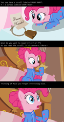 Size: 1000x1907 | Tagged: safe, edit, edited screencap, screencap, character:pinkie pie, species:earth pony, species:pony, episode:rock solid friendship, g4, my little pony: friendship is magic, bed, bell, caption, clothing, cowbell, female, footed sleeper, footie pajamas, image macro, implied maud pie, letter, mare, meme, nethack, note, pajamas, pinkie's bedroom, scroll of amnesia, solo, text, video game reference