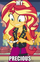 Size: 500x764 | Tagged: safe, edit, edited screencap, screencap, character:sunset shimmer, equestria girls:rollercoaster of friendship, g4, my little pony: equestria girls, my little pony:equestria girls, cropped, cute, faec, female, geode of empathy, gollum, lord of the rings, magical geodes, meme, reference, shimmerbetes, smeargle, smiling, this will end in insanity, tickets